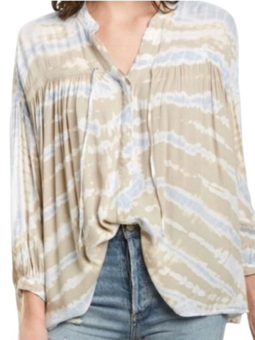 Young Fabulous & Broke tan and blue tie dye long sleeve button front blouse